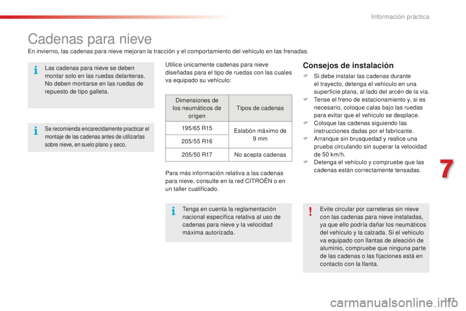 CITROEN C4 CACTUS 2018 Manuales de Empleo (in Spanish) 157
C4-cactus_es_Chap07_info-pratiques_ed01-2016
Cadenas para nieve
En invierno, las cadenas para nieve mejoran la tracción y el comportamiento del vehículo en las frenadas.Utilice únicamente caden CITROEN C4 CACTUS 2018 Manuales de Empleo (in Spanish) 157
C4-cactus_es_Chap07_info-pratiques_ed01-2016
Cadenas para nieve
En invierno, las cadenas para nieve mejoran la tracción y el comportamiento del vehículo en las frenadas.Utilice únicamente caden