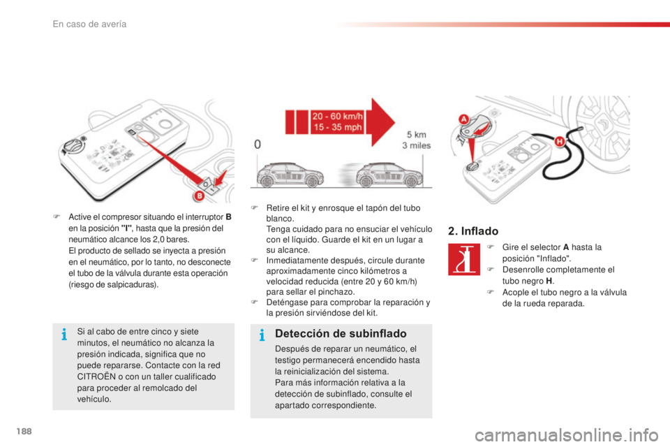 CITROEN C4 CACTUS 2018 Manuales de Empleo (in Spanish) 188
C4-cactus_es_Chap08_En-cas-de-panne_ed01-2016
F Active el compresor situando el interruptor B en la posición "I" , hasta que la presión del
neumático alcance los 2,0
bares.
E
l pr CITROEN C4 CACTUS 2018 Manuales de Empleo (in Spanish) 188
C4-cactus_es_Chap08_En-cas-de-panne_ed01-2016
F Active el compresor situando el interruptor B en la posición "I" , hasta que la presión del
neumático alcance los 2,0
bares.
E
l pr