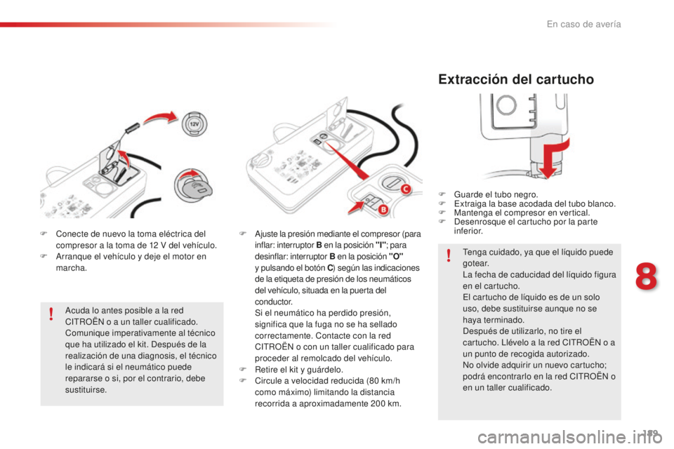 CITROEN C4 CACTUS 2018  Manuales de Empleo (in Spanish) 189
C4-cactus_es_Chap08_En-cas-de-panne_ed01-2016
Extracción del cartucho
F Guarde el tubo negro.
F E xtraiga la base acodada del tubo blanco.
F
 
M
 antenga el compresor en vertical.
F
 
D
 esenrosq