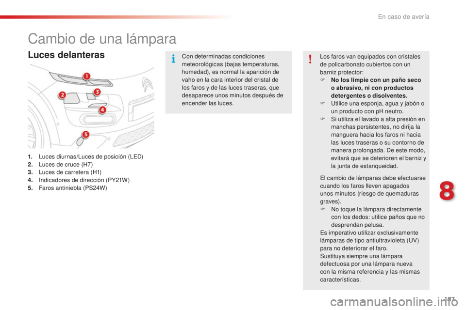 CITROEN C4 CACTUS 2018  Manuales de Empleo (in Spanish) 197
C4-cactus_es_Chap08_En-cas-de-panne_ed01-2016
Cambio de una lámpara
Luces delanteras
1. Luces diurnas/Luces de posición (LED)
2. Luces de cruce (H7)
3.
 L

uces de carretera (H1)
4.
 I

ndicador