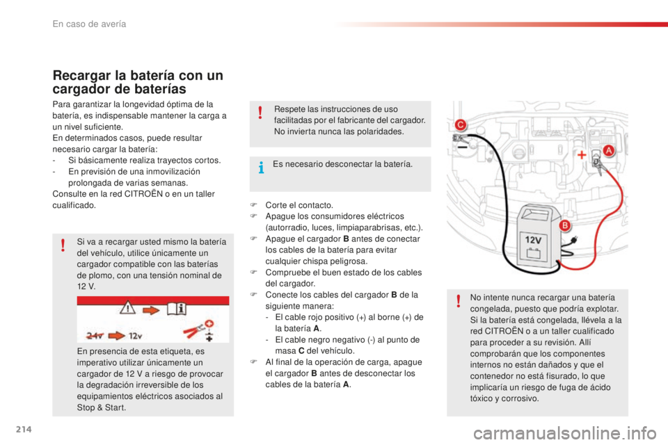 CITROEN C4 CACTUS 2018  Manuales de Empleo (in Spanish) 214
C4-cactus_es_Chap08_En-cas-de-panne_ed01-2016
Recargar la batería con un 
cargador de baterías
Para garantizar la longevidad óptima de la 
batería, es indispensable mantener la carga a 
un niv