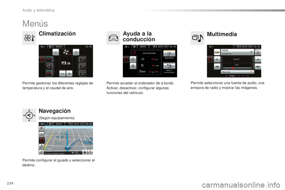 CITROEN C4 CACTUS 2018  Manuales de Empleo (in Spanish) 234
C4-cactus_es_Chap10b_SMEGplus_ed01-2016
Menús
Multimedia
Climatización
Ayuda a la 
conducción
Navegación
Permite seleccionar una fuente de audio, una 
emisora de radio y mostrar las imágenes.