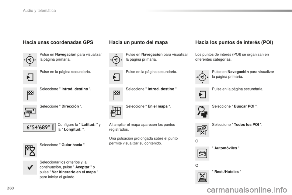 CITROEN C4 CACTUS 2018  Manuales de Empleo (in Spanish) 260
C4-cactus_es_Chap10b_SMEGplus_ed01-2016
Hacia unas coordenadas GPS
Seleccione " Introd. destino ".
Seleccione " Dirección  ".
Configure la " Latitud:  " y 
la " Longit