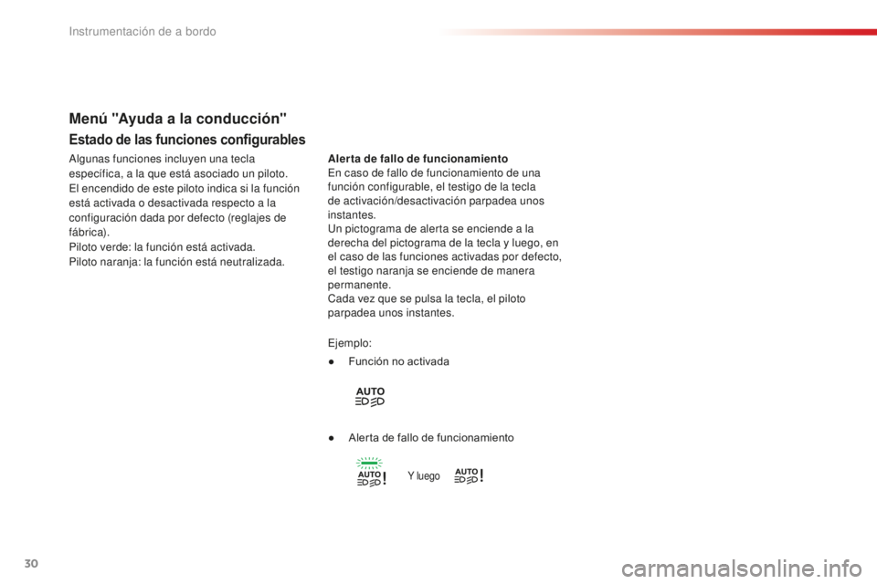 CITROEN C4 CACTUS 2018 Manuales de Empleo (in Spanish) 30
C4-cactus_es_Chap01_Instruments-de-bord_ed01-2016
Estado de las funciones configurables
Alerta de fallo de funcionamiento
En caso de fallo de funcionamiento de una
función configurable, el testig CITROEN C4 CACTUS 2018 Manuales de Empleo (in Spanish) 30
C4-cactus_es_Chap01_Instruments-de-bord_ed01-2016
Estado de las funciones configurables
Alerta de fallo de funcionamiento
En caso de fallo de funcionamiento de una
función configurable, el testig