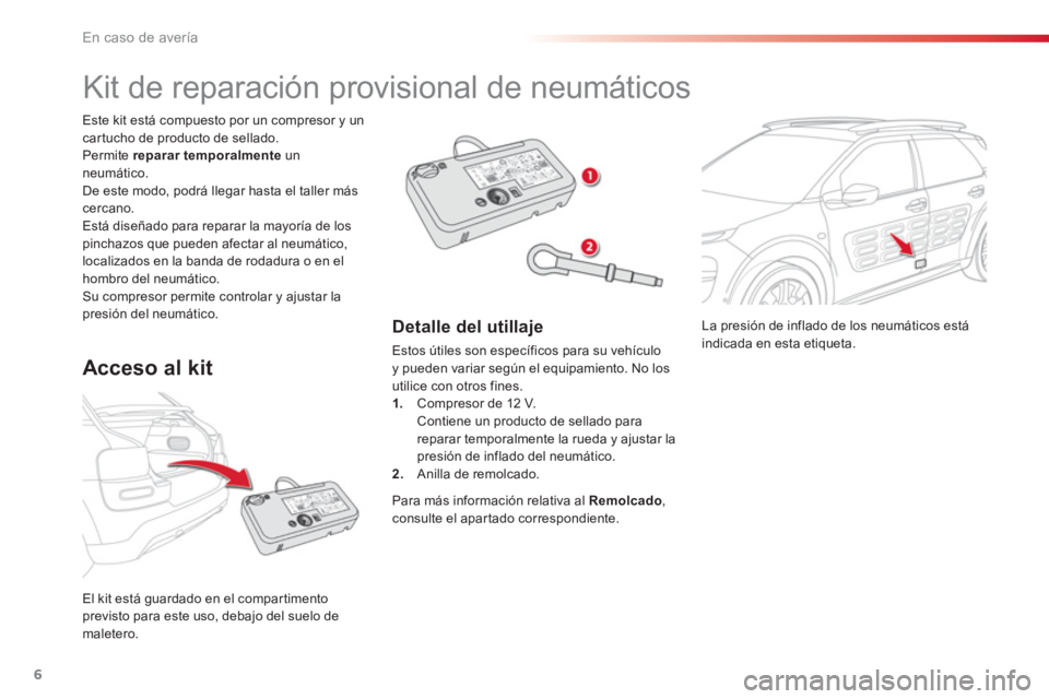 CITROEN C4 CACTUS 2018 Manuales de Empleo (in Spanish) 6
En caso de avería
La presión de inflado de los neumáticos está
indicada en esta etiqueta.
El kit está guardado en el compartimento
previsto para este uso, debajo del suelo de CITROEN C4 CACTUS 2018 Manuales de Empleo (in Spanish) 6
En caso de avería
La presión de inflado de los neumáticos está
indicada en esta etiqueta.
El kit está guardado en el compartimento
previsto para este uso, debajo del suelo de