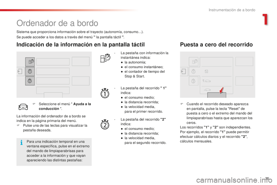 CITROEN C4 CACTUS 2018 Manuales de Empleo (in Spanish) 35
C4-cactus_es_Chap01_Instruments-de-bord_ed01-2016
Ordenador de a bordo
Sistema que proporciona información sobre el trayecto (autonomía, consumo…).
Indicación de la información en la pantalla CITROEN C4 CACTUS 2018 Manuales de Empleo (in Spanish) 35
C4-cactus_es_Chap01_Instruments-de-bord_ed01-2016
Ordenador de a bordo
Sistema que proporciona información sobre el trayecto (autonomía, consumo…).
Indicación de la información en la pantalla
