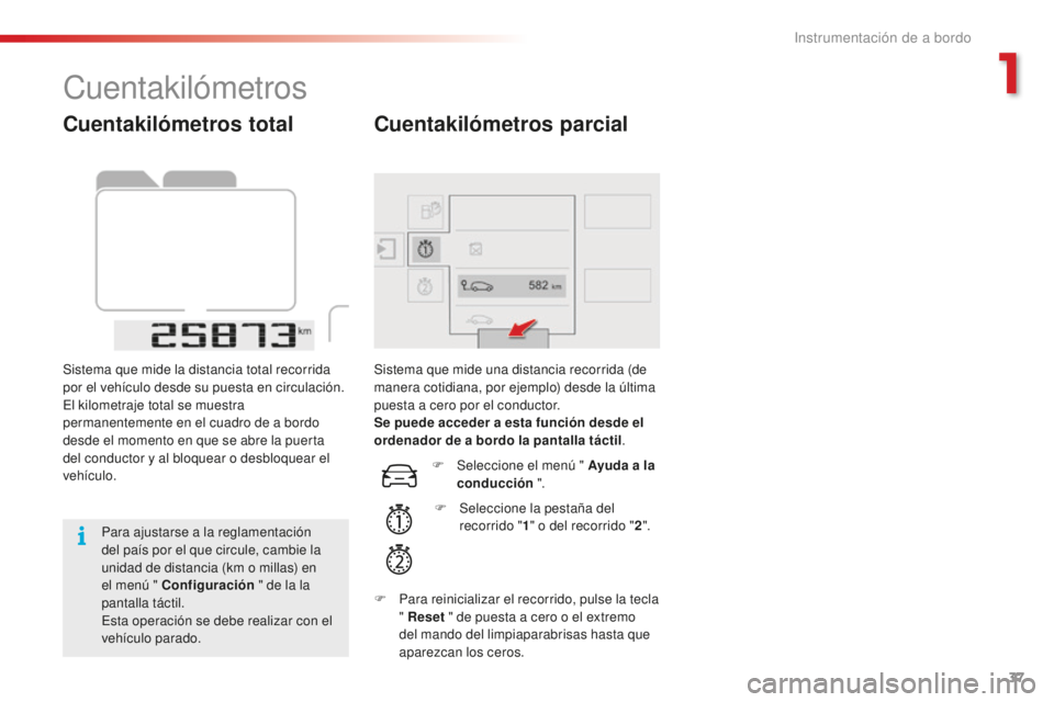 CITROEN C4 CACTUS 2018 Manuales de Empleo (in Spanish) 37
C4-cactus_es_Chap01_Instruments-de-bord_ed01-2016
Cuentakilómetros total
Sistema que mide la distancia total recorrida
por el vehículo desde su puesta en circulación.
El kilometraje total se mu CITROEN C4 CACTUS 2018 Manuales de Empleo (in Spanish) 37
C4-cactus_es_Chap01_Instruments-de-bord_ed01-2016
Cuentakilómetros total
Sistema que mide la distancia total recorrida
por el vehículo desde su puesta en circulación.
El kilometraje total se mu