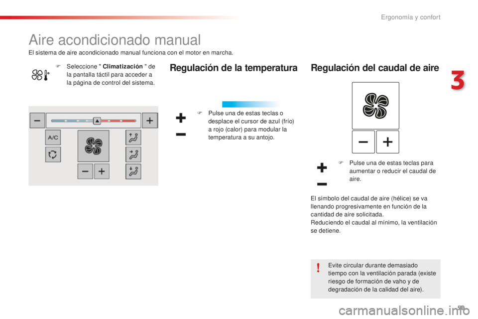 CITROEN C4 CACTUS 2018  Manuales de Empleo (in Spanish) 59
C4-cactus_es_Chap03_Ergonomie-et-confort_ed01-2016
Aire acondicionado manual
Regulación de la temperatura
F Pulse una de estas teclas o desplace el cursor de azul (frío) 
a rojo (calor) para modu