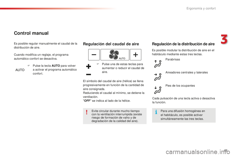 CITROEN C4 CACTUS 2018 Manuales de Empleo (in Spanish) 63
C4-cactus_es_Chap03_Ergonomie-et-confort_ed01-2016
Es posible modular la distribución de aire en el
habitáculo mediante estas tres teclas.
Regulación del caudal de aire
Evite circular durante m CITROEN C4 CACTUS 2018 Manuales de Empleo (in Spanish) 63
C4-cactus_es_Chap03_Ergonomie-et-confort_ed01-2016
Es posible modular la distribución de aire en el
habitáculo mediante estas tres teclas.
Regulación del caudal de aire
Evite circular durante m