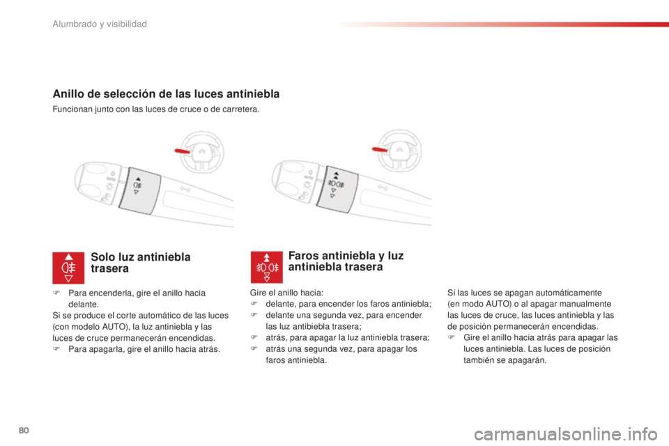 CITROEN C4 CACTUS 2018  Manuales de Empleo (in Spanish) 80
C4-cactus_es_Chap04_Eclairage-et-visibilite_ed01-2016
Anillo de selección de las luces antiniebla
Funcionan junto con las luces de cruce o de carretera.
Faros antiniebla y luz 
antiniebla trasera
