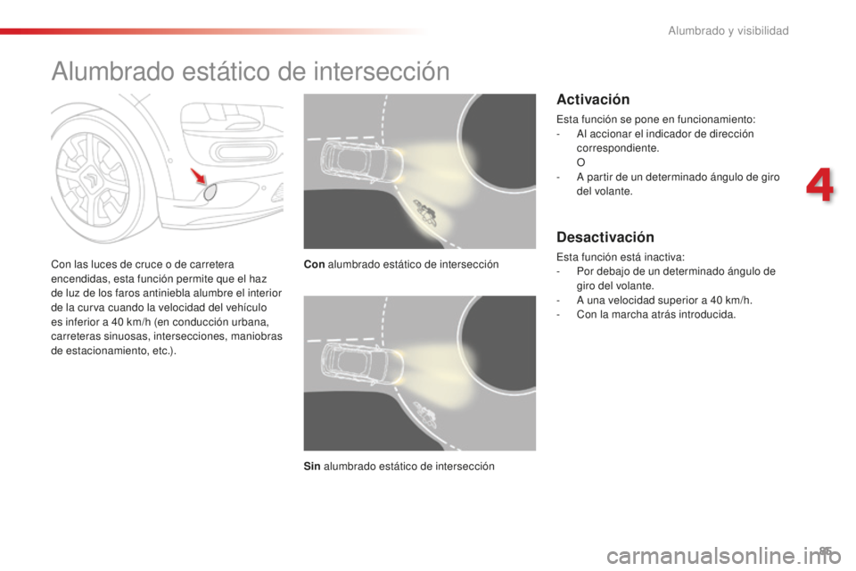 CITROEN C4 CACTUS 2018  Manuales de Empleo (in Spanish) 85
C4-cactus_es_Chap04_Eclairage-et-visibilite_ed01-2016
Alumbrado estático de intersección
Con las luces de cruce o de carretera 
encendidas, esta función permite que el haz 
de luz de los faros a