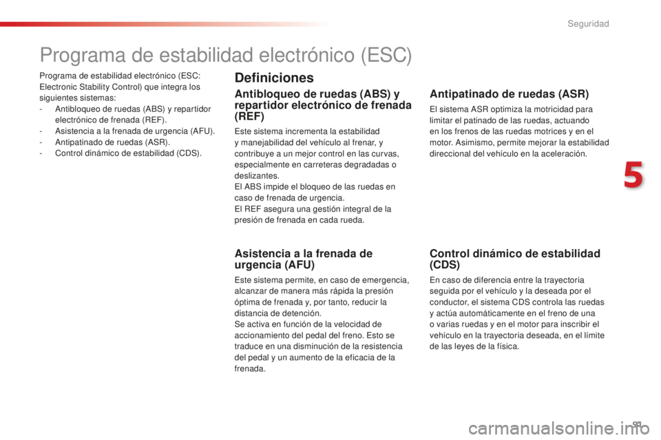 CITROEN C4 CACTUS 2018  Manuales de Empleo (in Spanish) 91
C4-cactus_es_Chap05_securite_ed01-2016
Programa de estabilidad electrónico (ESC: 
Electronic Stability Control) que integra los 
siguientes sistemas:
- 
A
 ntibloqueo de ruedas (ABS) y repartidor 