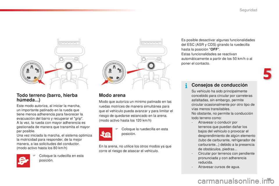 CITROEN C4 CACTUS 2018  Manuales de Empleo (in Spanish) 95
C4-cactus_es_Chap05_securite_ed01-2016
Consejos de conducción
Su vehículo ha sido principalmente 
concebido para circular por carreteras 
asfaltadas, sin embargo, permite 
circular ocasionalmente