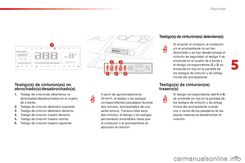 CITROEN C4 CACTUS 2018  Manuales de Empleo (in Spanish) 97
C4-cactus_es_Chap05_securite_ed01-2016
A partir de aproximadamente 
20 km/h, el testigo o los testigos 
correspondientes parpadean durante 
dos minutos, acompañados de una 
señal sonora. Transcur