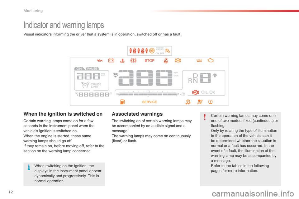 Citroen C4 CACTUS RHD 2014.5 1.G Owners Manual 12
Indicator and warning lamps
Certain warning lamps may come on in one   of   two   modes:   fixed   (continuous)   or  
f

lashing.
Only
  by   relating   the   type   of   il