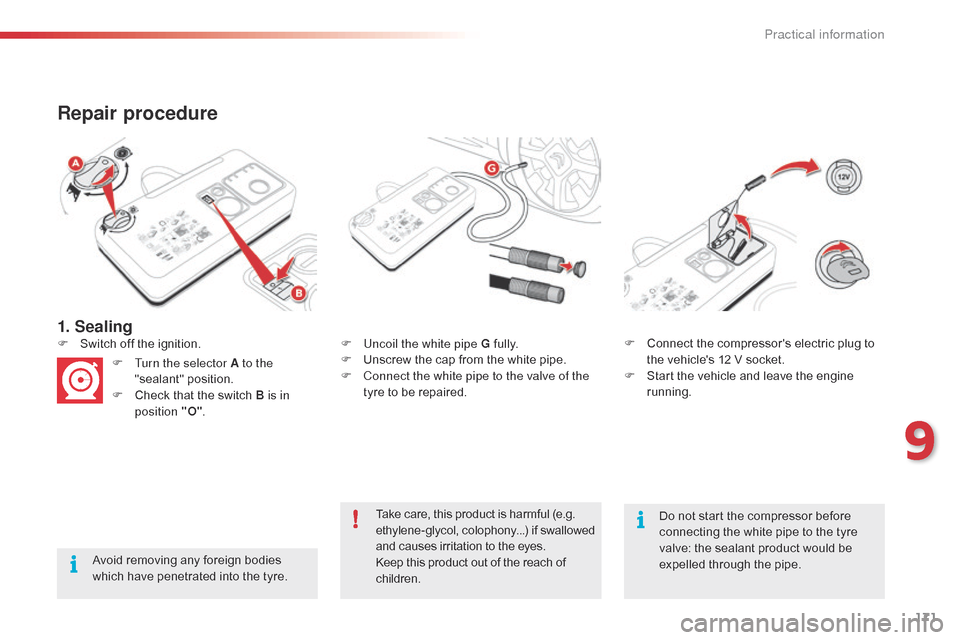 Citroen C4 CACTUS RHD 2014.5 1.G Owners Manual 171
1. Sealing
Repair procedure
Avoid removing any foreign bodies which   have   penetrated   into   the   tyre.F
 
U
 ncoil the white pipe G  
f
 ully.
F  
U
 nscrew   the   cap   from