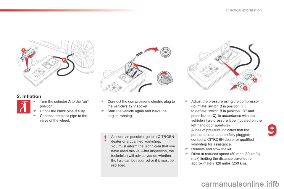 Citroen C4 CACTUS RHD 2014.5 1.G Owners Manual 173
2. InflationF Turn the selector A to the "air" position.
F
 
U
 ncoil   the   black   pipe   H  
f
 ully.
F
 
C
 onnect   the   black   pipe   to   the  
v

alve   of   the   wheel