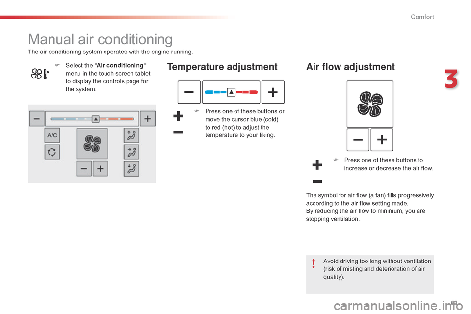 Citroen C4 CACTUS RHD 2014.5 1.G Owners Manual 61
Manual air conditioning
Temperature adjustment
F Press one of these buttons or 
move   the   cursor   blue   (cold)  
t

o   red   (hot)   to   adjust   the  
t

emperature   to   yo