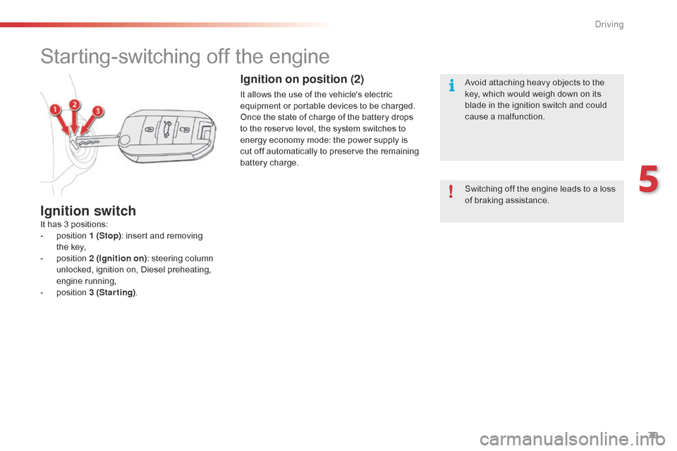 Citroen C4 CACTUS RHD 2014.5 1.G Owners Manual 79
Starting-switching off the engine
It has 3 positions:
-  p osition   1 (Stop):
  insert   and   removing    
the
  key,
-
 
p
 osition   2 (Ignition on) :
  steering   column  
u
