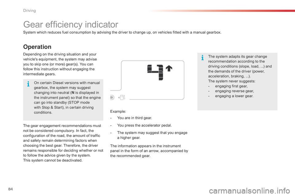 Citroen C4 CACTUS RHD 2014.5 1.G Owners Guide 84
Operation
Gear efficiency indicator
System which reduces fuel consumption by advising the driver to change up, on vehicles fitted with a manual gearbox.
T he  system  adapts Citroen C4 CACTUS RHD 2014.5 1.G Owners Guide 84
Operation
Gear efficiency indicator
System which reduces fuel consumption by advising the driver to change up, on vehicles fitted with a manual gearbox.
T he  system  adapts