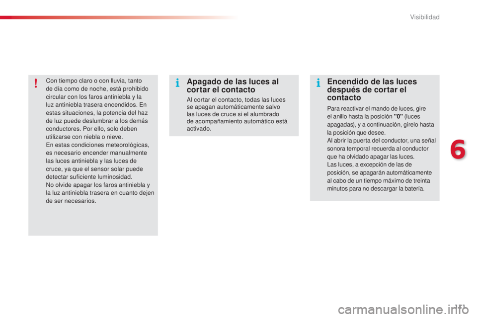 CITROEN C4 CACTUS 2015 Manuales de Empleo (in Spanish) 111
C4_cactus_es_Chap06_visibilite_ed02-2014
Con tiempo claro o con lluvia, tanto
de día como de noche, está prohibido
circular con los faros antiniebla y la
luz antiniebla trasera encendidos. e
CITROEN C4 CACTUS 2015 Manuales de Empleo (in Spanish) 111
C4_cactus_es_Chap06_visibilite_ed02-2014
Con tiempo claro o con lluvia, tanto
de día como de noche, está prohibido
circular con los faros antiniebla y la
luz antiniebla trasera encendidos. e