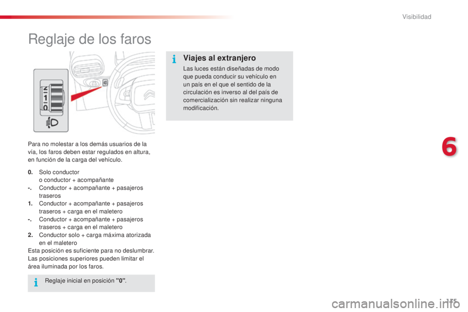 CITROEN C4 CACTUS 2015 Manuales de Empleo (in Spanish) 115
C4_cactus_es_Chap06_visibilite_ed02-2014
Reglaje de los faros
Para no molestar a los demás usuarios de la
vía, los faros deben estar regulados en altura,
en función de la carga del vehículo. CITROEN C4 CACTUS 2015 Manuales de Empleo (in Spanish) 115
C4_cactus_es_Chap06_visibilite_ed02-2014
Reglaje de los faros
Para no molestar a los demás usuarios de la
vía, los faros deben estar regulados en altura,
en función de la carga del vehículo.