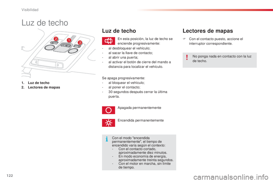 CITROEN C4 CACTUS 2015 Manuales de Empleo (in Spanish) 122
C4_cactus_es_Chap06_visibilite_ed02-2014
luz de techo
1. Luz de techo
2. Lectores de mapas F
C
on el contacto puesto, accione el
interruptor correspondiente.
Lectores de mapas
Con el modo " CITROEN C4 CACTUS 2015 Manuales de Empleo (in Spanish) 122
C4_cactus_es_Chap06_visibilite_ed02-2014
luz de techo
1. Luz de techo
2. Lectores de mapas F
C
on el contacto puesto, accione el
interruptor correspondiente.
Lectores de mapas
Con el modo "