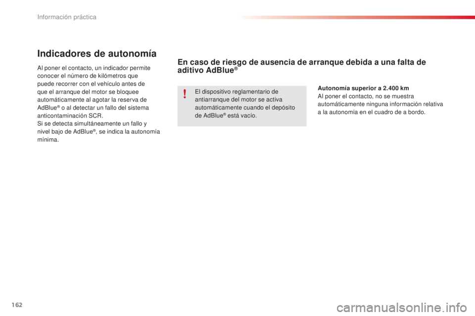CITROEN C4 CACTUS 2015 Manuales de Empleo (in Spanish) 162
C4_cactus_es_Chap09_info-pratiques_ed02-2014
Indicadores de autonomía
al poner el contacto, un indicador permite
conocer el número de kilómetros que
puede recorrer con el vehículo antes de
CITROEN C4 CACTUS 2015 Manuales de Empleo (in Spanish) 162
C4_cactus_es_Chap09_info-pratiques_ed02-2014
Indicadores de autonomía
al poner el contacto, un indicador permite
conocer el número de kilómetros que
puede recorrer con el vehículo antes de
