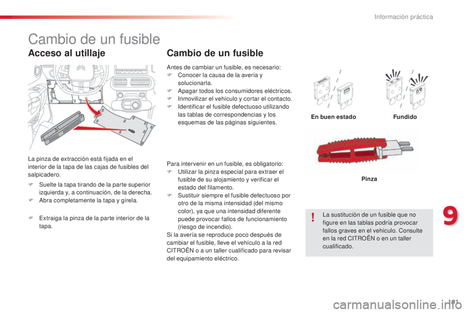 CITROEN C4 CACTUS 2015 Manuales de Empleo (in Spanish) 191
C4_cactus_es_Chap09_info-pratiques_ed02-2014
antes de cambiar un fusible, es necesario:
F C onocer la causa de la avería y
solucionarla.
F
a
p
agar todos los consumidores eléctricos.
F
i
n CITROEN C4 CACTUS 2015 Manuales de Empleo (in Spanish) 191
C4_cactus_es_Chap09_info-pratiques_ed02-2014
antes de cambiar un fusible, es necesario:
F C onocer la causa de la avería y
solucionarla.
F
a
p
agar todos los consumidores eléctricos.
F
i
n