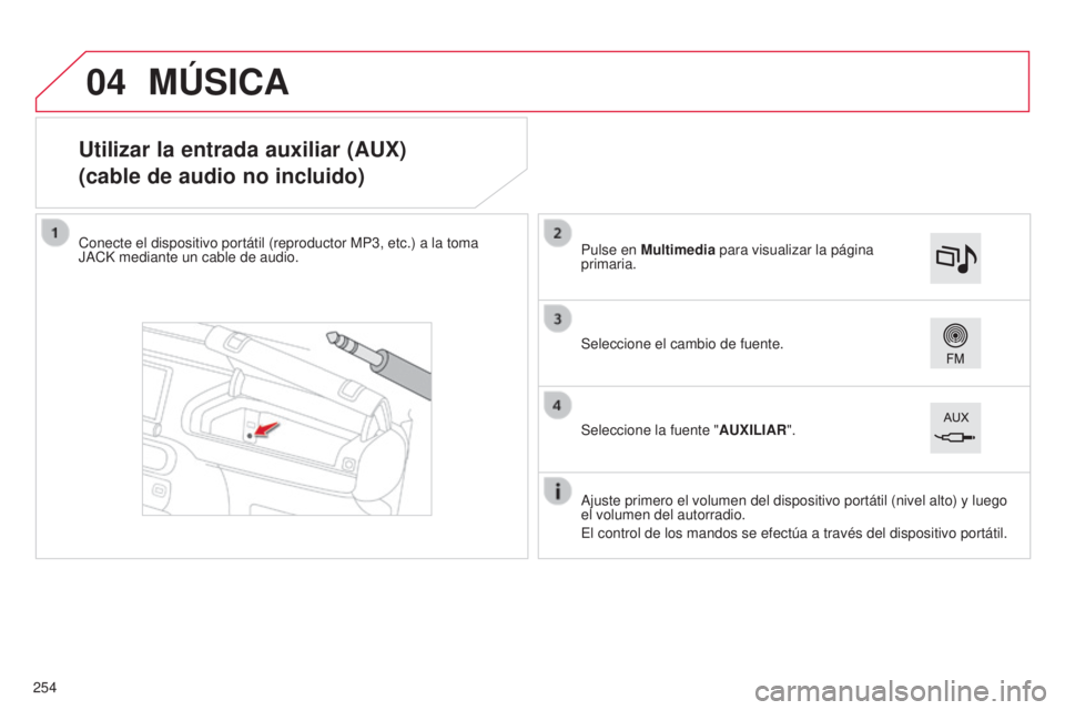 CITROEN C4 CACTUS 2015  Manuales de Empleo (in Spanish) 04
C4_Cactus_es_Chap12b_SMeGplus_ed02-2014
Utilizar la entrada auxiliar (AUX)
(cable de audio no incluido)
Conecte el dispositivo portátil (reproductor MP3, etc.) a la toma 
Ja CK mediante un cable d