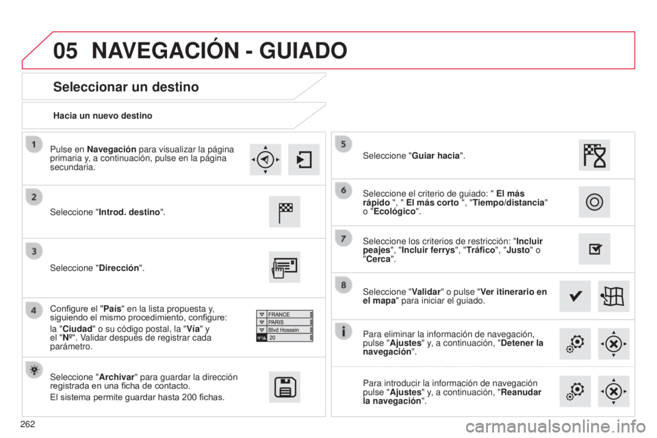 CITROEN C4 CACTUS 2015  Manuales de Empleo (in Spanish) 05
262
C4_Cactus_es_Chap12b_SMeGplus_ed02-2014
Hacia un nuevo destino
Seleccionar un destino
Seleccione "Introd. destino ".
Seleccione "Archivar" para guardar la dirección 
registrada
