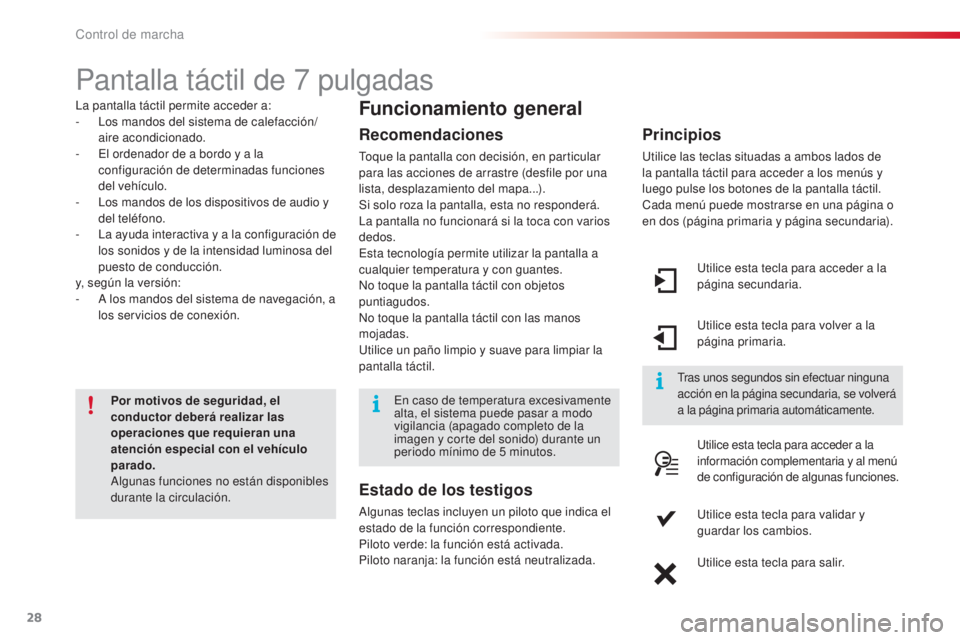 CITROEN C4 CACTUS 2015  Manuales de Empleo (in Spanish) 28
Pantalla táctil de 7 pulgadas
la pantalla táctil permite acceder a:
-
  lo s mandos del sistema de calefacción/
aire acondicionado.
-
  e
l o
 rdenador de a bordo y a la 
configuración de deter