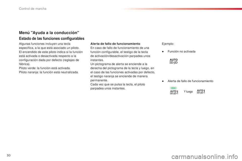 CITROEN C4 CACTUS 2015  Manuales de Empleo (in Spanish) 30
Estado de las funciones configurables
Alerta de fallo de funcionamientoen caso de fallo de funcionamiento de una 
función configurable, el testigo de la tecla 
de activación/desactivación parpad