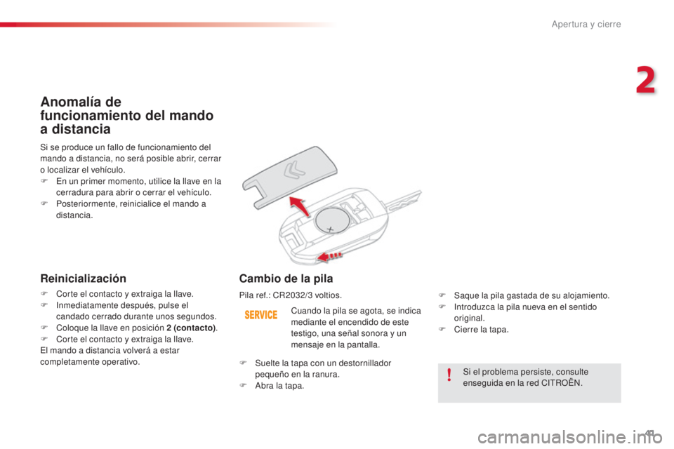 CITROEN C4 CACTUS 2015  Manuales de Empleo (in Spanish) 41
C4_cactus_es_Chap02_ouvertures_ed02-2014
Si el problema persiste, consulte 
enseguida en la red CitR OËn.
C
uando la pila se agota, se indica 
mediante el encendido de este 
testigo, una señal so