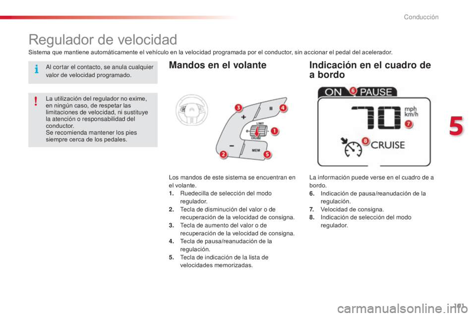 CITROEN C4 CACTUS 2014  Manuales de Empleo (in Spanish) 101
E3_es_Chap05_conduite_ed01-2014
Mandos en el volante
La información puede verse en el cuadro de a 
bordo.
6. 
 
I
 ndicación de pausa/reanudación de la 
regulación.
7.  
 
V
 elocidad de consi