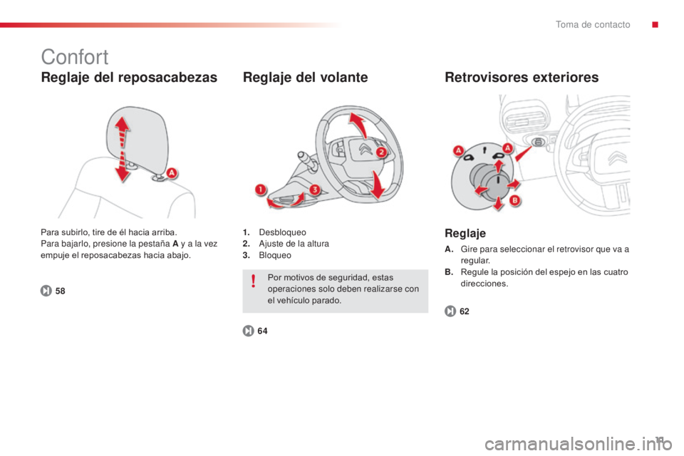 CITROEN C4 CACTUS 2014 Manuales de Empleo (in Spanish) 11
E3_es_Chap00b_prise-en-main_ed01-2014
Confort
Reglaje del reposacabezas
Para subirlo, tire de él hacia arriba.
Para bajarlo, presione la pestaña A y a la vez
empuje el reposacabezas hacia abajo. CITROEN C4 CACTUS 2014 Manuales de Empleo (in Spanish) 11
E3_es_Chap00b_prise-en-main_ed01-2014
Confort
Reglaje del reposacabezas
Para subirlo, tire de él hacia arriba.
Para bajarlo, presione la pestaña A y a la vez
empuje el reposacabezas hacia abajo.