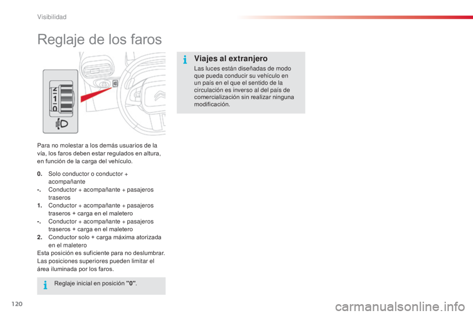 CITROEN C4 CACTUS 2014 Manuales de Empleo (in Spanish) 120
E3_es_Chap06_visibilite_ed01-2014
Reglaje de los faros
Para no molestar a los demás usuarios de la
vía, los faros deben estar regulados en altura,
en función de la carga del vehículo.Reglaje CITROEN C4 CACTUS 2014 Manuales de Empleo (in Spanish) 120
E3_es_Chap06_visibilite_ed01-2014
Reglaje de los faros
Para no molestar a los demás usuarios de la
vía, los faros deben estar regulados en altura,
en función de la carga del vehículo.Reglaje
