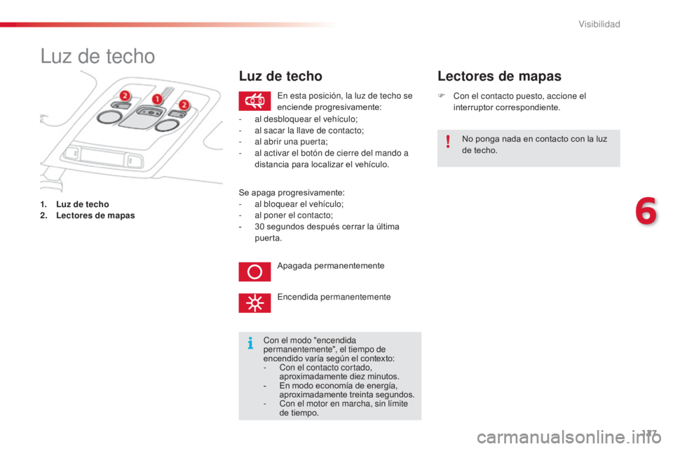 CITROEN C4 CACTUS 2014 Manuales de Empleo (in Spanish) 127
E3_es_Chap06_visibilite_ed01-2014
Luz de techo
1. Luz de techo
2. Lectores de mapas F
C
on el contacto puesto, accione el
interruptor correspondiente.
Lectores de mapas
Con el modo "encend CITROEN C4 CACTUS 2014 Manuales de Empleo (in Spanish) 127
E3_es_Chap06_visibilite_ed01-2014
Luz de techo
1. Luz de techo
2. Lectores de mapas F
C
on el contacto puesto, accione el
interruptor correspondiente.
Lectores de mapas
Con el modo "encend