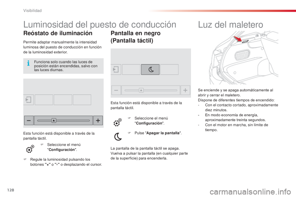 CITROEN C4 CACTUS 2014 Manuales de Empleo (in Spanish) 128
E3_es_Chap06_visibilite_ed01-2014
Se enciende y se apaga automáticamente al
abrir y cerrar el maletero.
Dispone de diferentes tiempos de encendido:
-
C
on el contacto cortado, aproximadamente CITROEN C4 CACTUS 2014 Manuales de Empleo (in Spanish) 128
E3_es_Chap06_visibilite_ed01-2014
Se enciende y se apaga automáticamente al
abrir y cerrar el maletero.
Dispone de diferentes tiempos de encendido:
-
C
on el contacto cortado, aproximadamente