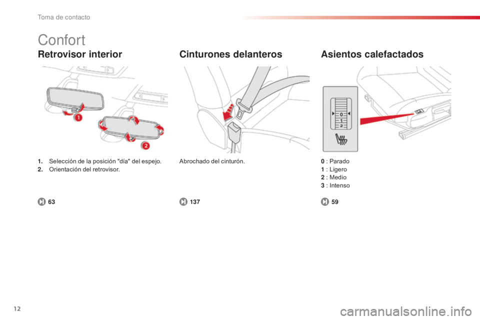 CITROEN C4 CACTUS 2014 Manuales de Empleo (in Spanish) 12
E3_es_Chap00b_prise-en-main_ed01-2014
Confort
Retrovisor interior
1. Selección de la posición "día" del espejo.
2. Orientación del retrovisor.
63 Abrochado del cinturón.
0 : Parado
1 : CITROEN C4 CACTUS 2014 Manuales de Empleo (in Spanish) 12
E3_es_Chap00b_prise-en-main_ed01-2014
Confort
Retrovisor interior
1. Selección de la posición "día" del espejo.
2. Orientación del retrovisor.
63 Abrochado del cinturón.
0 : Parado
1 :