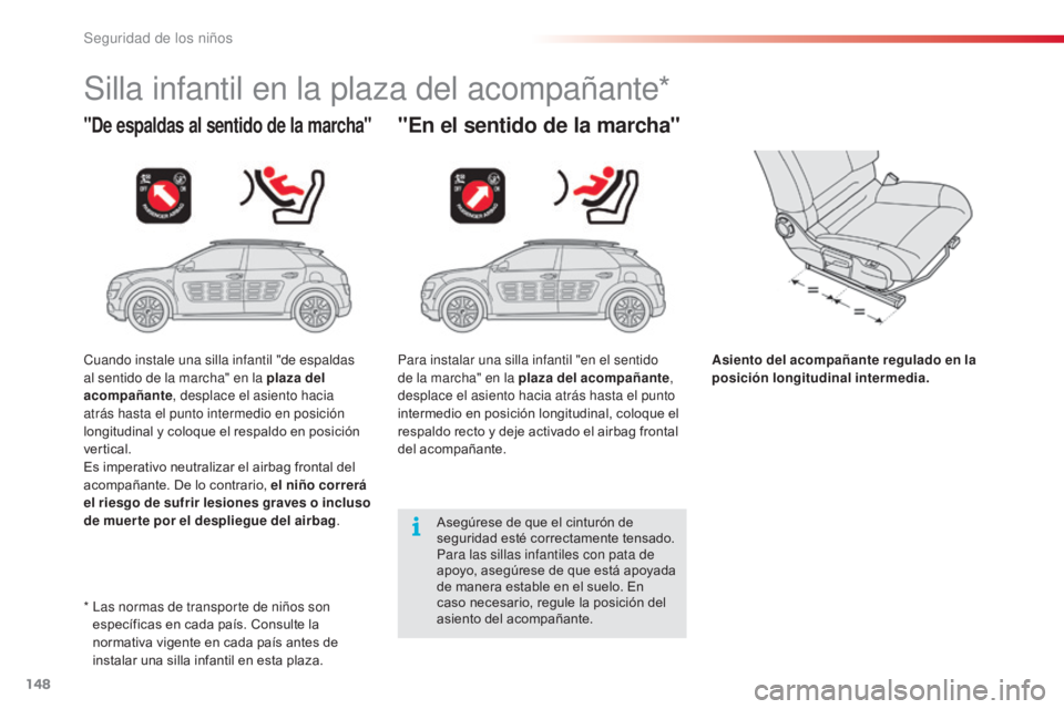 CITROEN C4 CACTUS 2014  Manuales de Empleo (in Spanish) 148
E3_es_Chap08_securite_enfants_ed01-2014
Silla infantil en la plaza del acompañante*
"De espaldas al sentido de la marcha""En el sentido de la marcha"
Asiento del acompañante regu