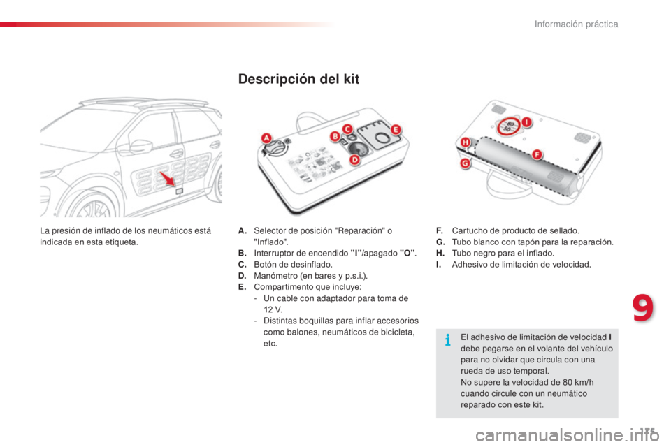 CITROEN C4 CACTUS 2014 Manuales de Empleo (in Spanish) 175
E3_es_Chap09_info_pratiques_ed01-2014
A. Selector de posición "Reparación" o " Inf lado".
B.
I
nterruptor de encendido "I" /apagado "O".
C.
B
otón de desinfl CITROEN C4 CACTUS 2014 Manuales de Empleo (in Spanish) 175
E3_es_Chap09_info_pratiques_ed01-2014
A. Selector de posición "Reparación" o " Inf lado".
B.
I
nterruptor de encendido "I" /apagado "O".
C.
B
otón de desinfl