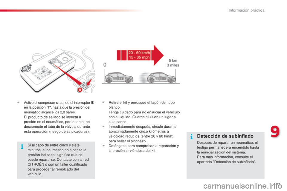 CITROEN C4 CACTUS 2014 Manuales de Empleo (in Spanish) 177
E3_es_Chap09_info_pratiques_ed01-2014
F Active el compresor situando el interruptor B en la posición "I" , hasta que la presión del
neumático alcance los 2,0
bares.
E
l producto d CITROEN C4 CACTUS 2014 Manuales de Empleo (in Spanish) 177
E3_es_Chap09_info_pratiques_ed01-2014
F Active el compresor situando el interruptor B en la posición "I" , hasta que la presión del
neumático alcance los 2,0
bares.
E
l producto d