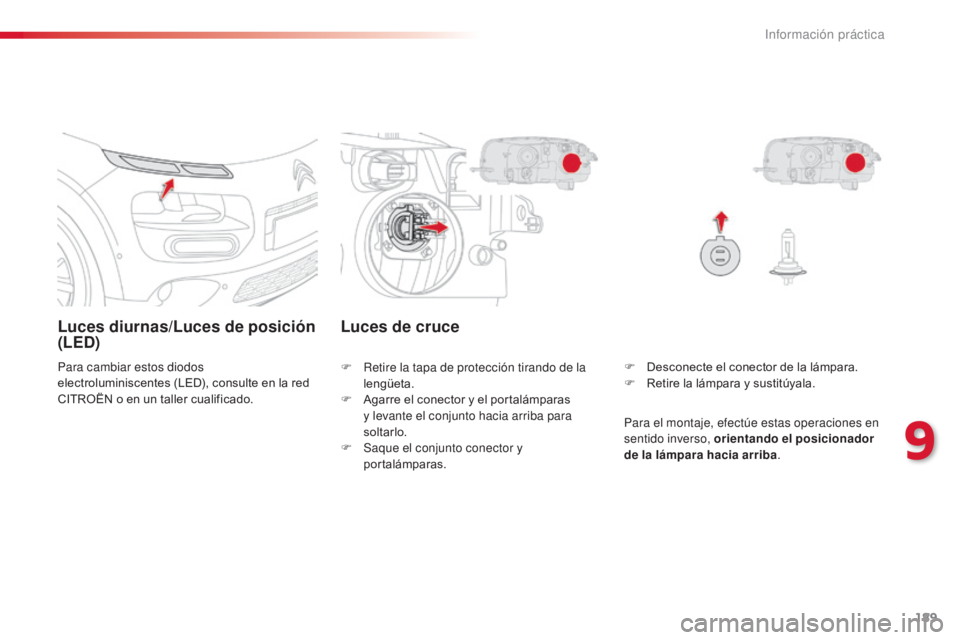 CITROEN C4 CACTUS 2014  Manuales de Empleo (in Spanish) 189
E3_es_Chap09_info_pratiques_ed01-2014
Luces diurnas/Luces de posición 
(LED)
Para cambiar estos diodos 
electroluminiscentes (LED), consulte en la red 
CITROËN o en un taller cualificado.F
 D es
