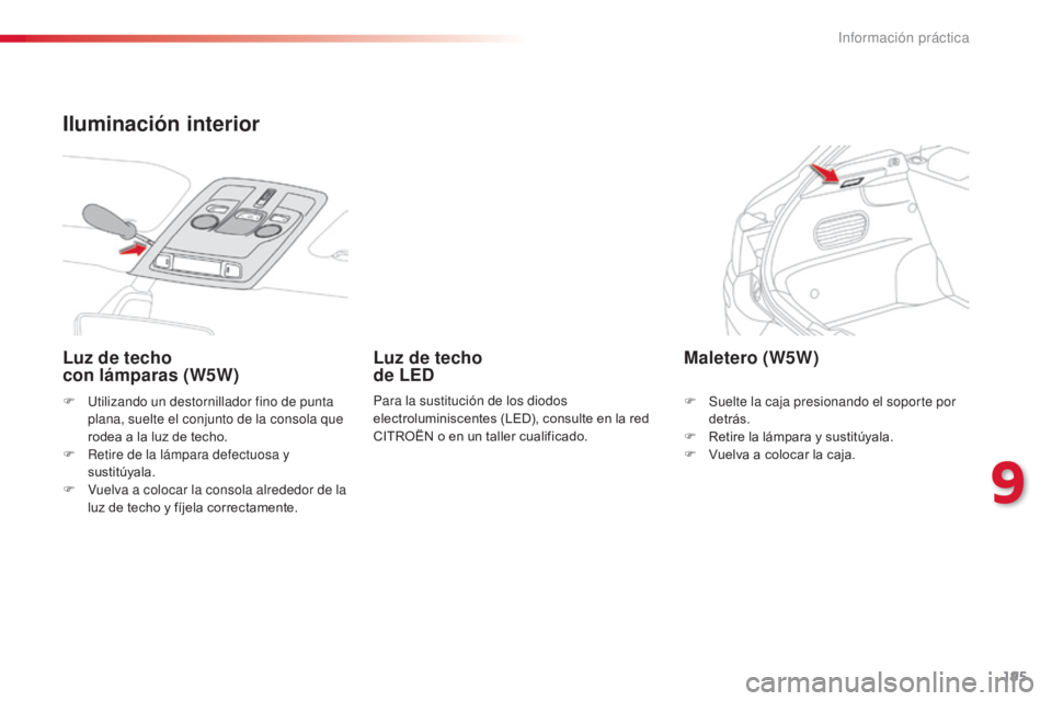 CITROEN C4 CACTUS 2014  Manuales de Empleo (in Spanish) 195
E3_es_Chap09_info_pratiques_ed01-2014
F Utilizando un destornillador fino de punta plana, suelte el conjunto de la consola que 
rodea a la luz de techo.
F
 
R
 etire de la lámpara defectuosa y 
s