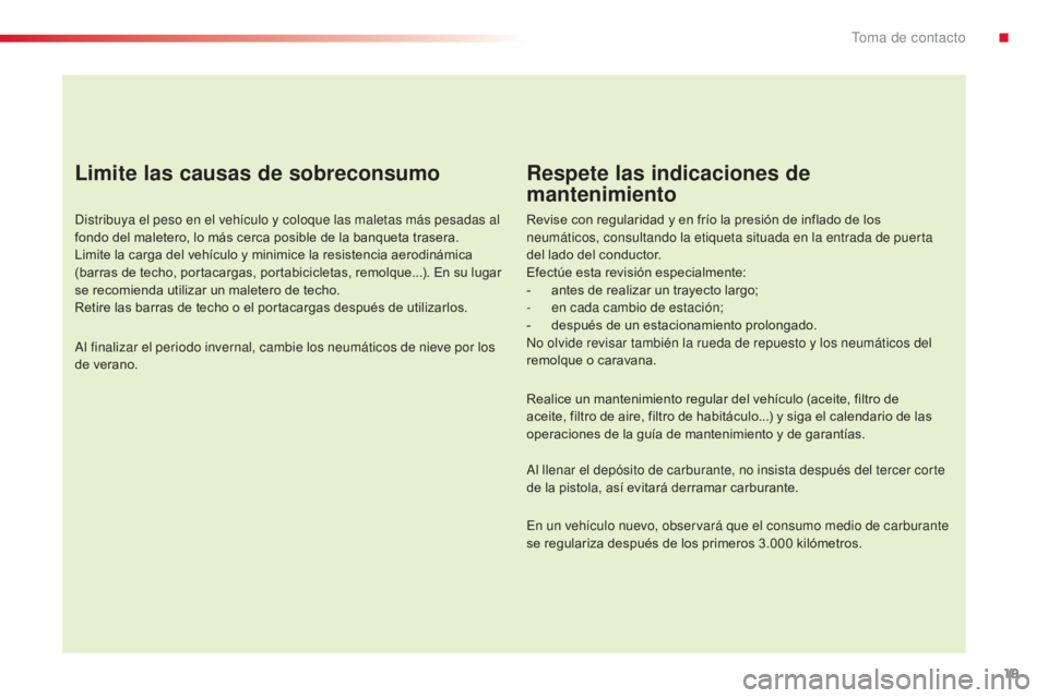 CITROEN C4 CACTUS 2014 Manuales de Empleo (in Spanish) 19
E3_es_Chap00b_prise-en-main_ed01-2014
Limite las causas de sobreconsumo
Distribuya el peso en el vehículo y coloque las maletas más pesadas al
fondo del maletero, lo más cerca posible de la ban CITROEN C4 CACTUS 2014 Manuales de Empleo (in Spanish) 19
E3_es_Chap00b_prise-en-main_ed01-2014
Limite las causas de sobreconsumo
Distribuya el peso en el vehículo y coloque las maletas más pesadas al
fondo del maletero, lo más cerca posible de la ban