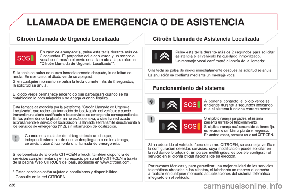 CITROEN C4 CACTUS 2014  Manuales de Empleo (in Spanish) 236
E3_es_Chap12a_BTA_ed01-2014
LLAMADA DE   EMERGENCIA  O   DE  ASISTENCIA
Citroën Llamada de Urgencia Localizada
En caso de emergencia, pulse esta tecla durante más de 
2
  segundos. El parpadeo d