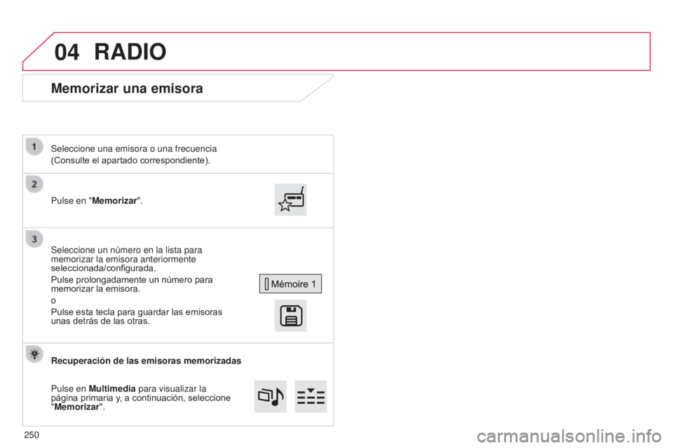 CITROEN C4 CACTUS 2014  Manuales de Empleo (in Spanish) 04
E3_es_Chap12b_SMEGplus_ed01-2014
Memorizar una emisora
Pulse en "Memorizar". Seleccione una emisora o una frecuencia
(Consulte el apartado correspondiente).
Seleccione un número en la list