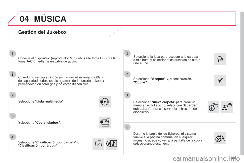 CITROEN C4 CACTUS 2014  Manuales de Empleo (in Spanish) 04
259
E3_es_Chap12b_SMEGplus_ed01-2014
Seleccione "Nueva carpeta " para crear un 
menú en el Jukebox o seleccione " Guardar 
estructura " para conservar la estructura del 
dispositiv