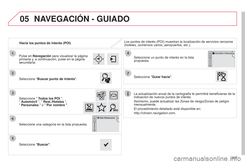CITROEN C4 CACTUS 2014  Manuales de Empleo (in Spanish) 05
269
E3_es_Chap12b_SMEGplus_ed01-2014
Hacia los puntos de interés (POI)Los puntos de interés (POI) muestran la localización de servicios cercanos 
(hoteles, comercios varios, aeropuertos, etc.).
